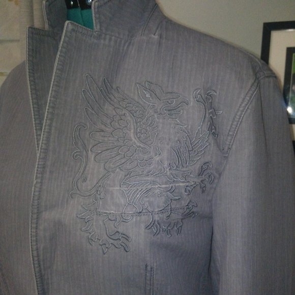 INC Grey Denim-Style Tonal Striped Blazer with Chest Embroidery Sz M NWT - Picture 13 of 16